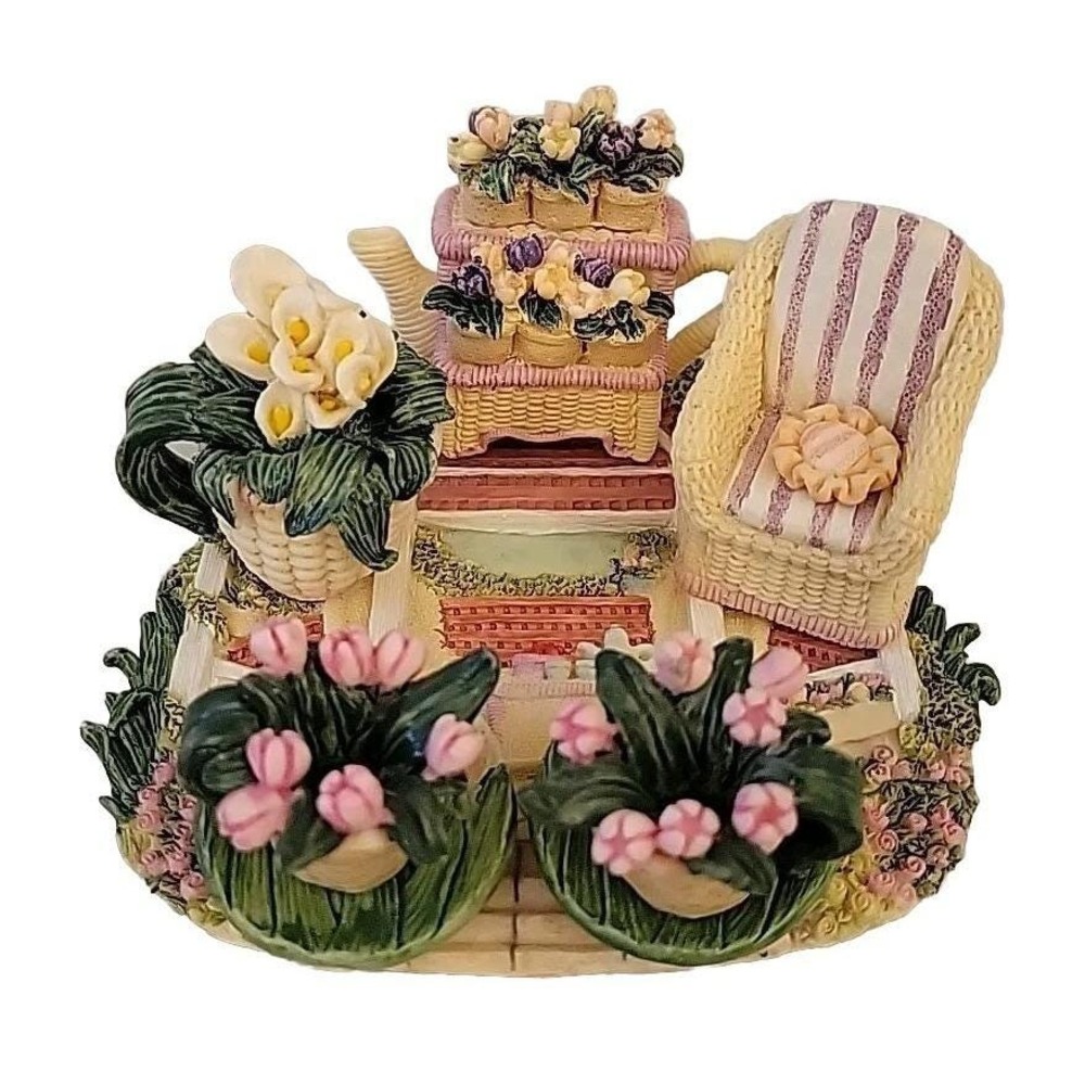 Miniature Garden Tea Set Figurine Wicker Chair Floral Potted Plants Collectible
